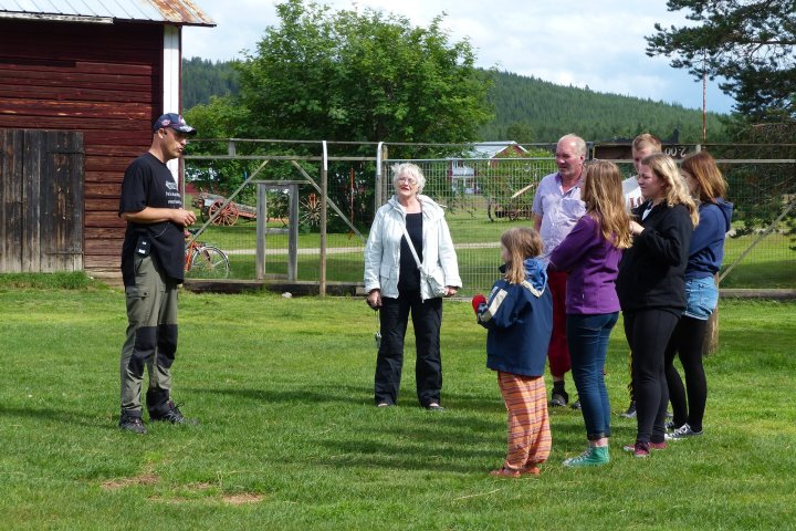 a group of people standing on top of a grass covered field