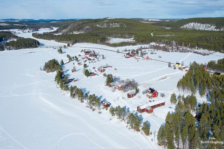 Aerial view of snowy rural landscape with scattered red houses and evergreen trees.
