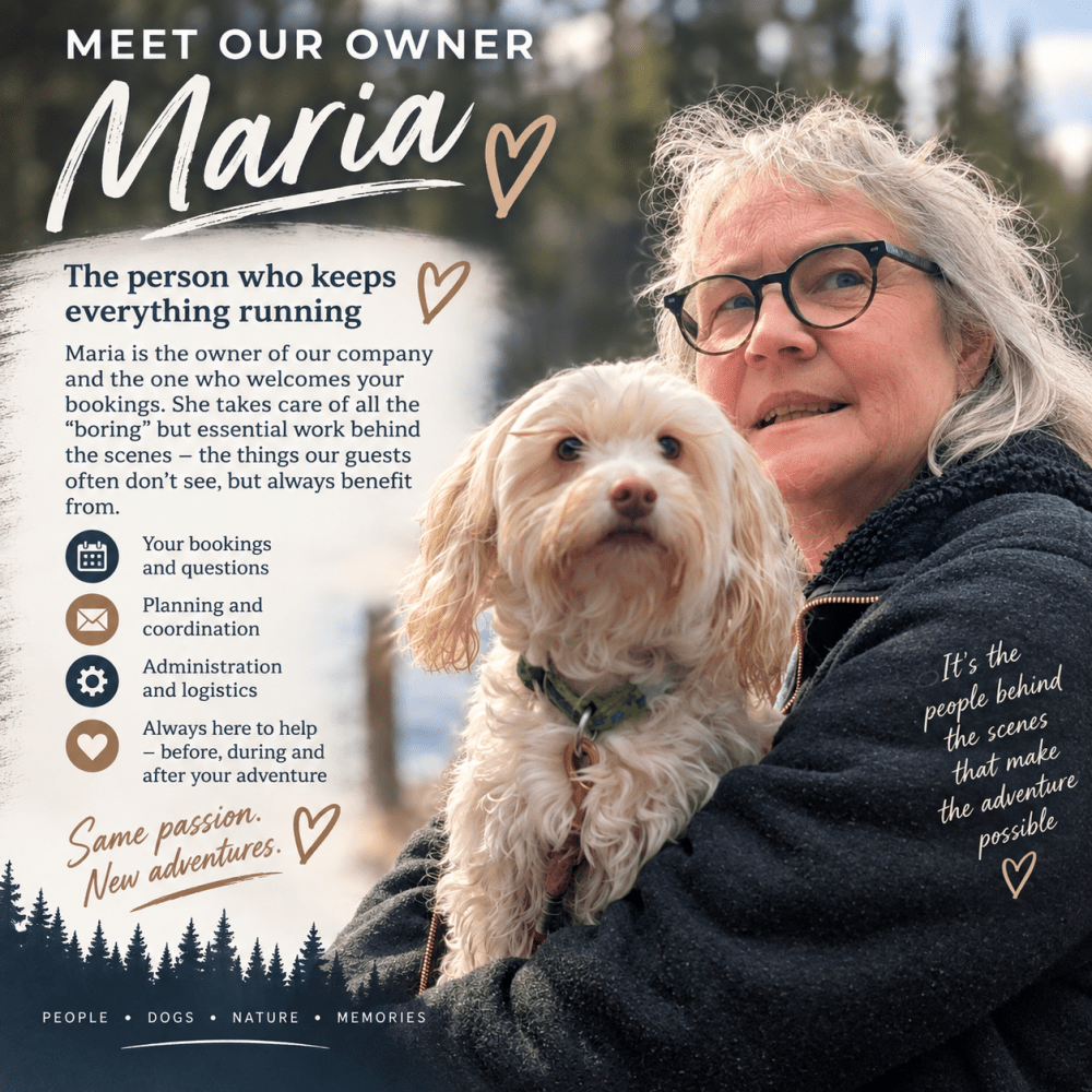 Woman with glasses holding a dog, forest background, text about her role in a company.