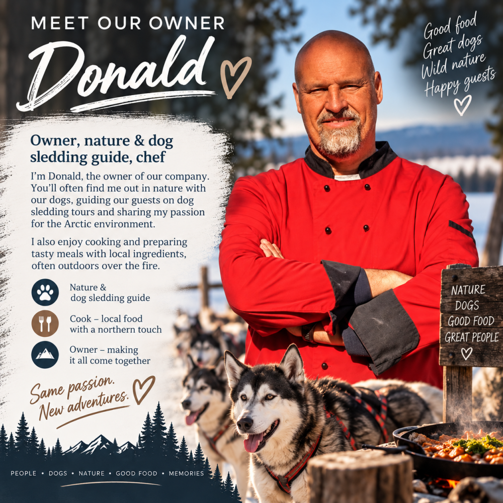 Bald man in red jacket with sled dogs in winter background.