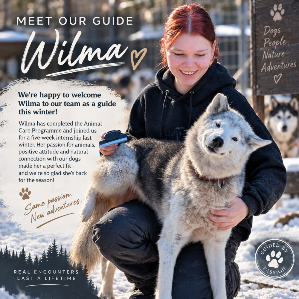 Person in hoodie smiling with a dog; text about joining guide team and passion for animals.